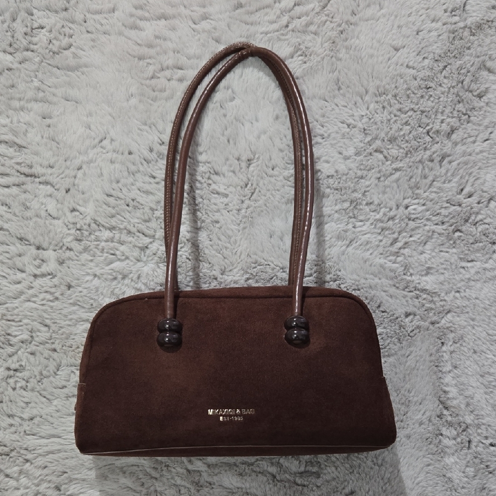Faux suede chocolate brown bowler bag shoulder bag